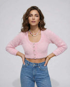 Valencia Cardigan by Lauven – Women's pink cropped cardigan sweater with long sleeves and a plush finish.