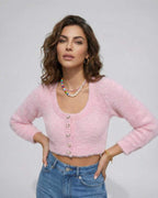 Valencia Cardigan by Lauven – Women's cropped pink sweater with long sleeves and button details.