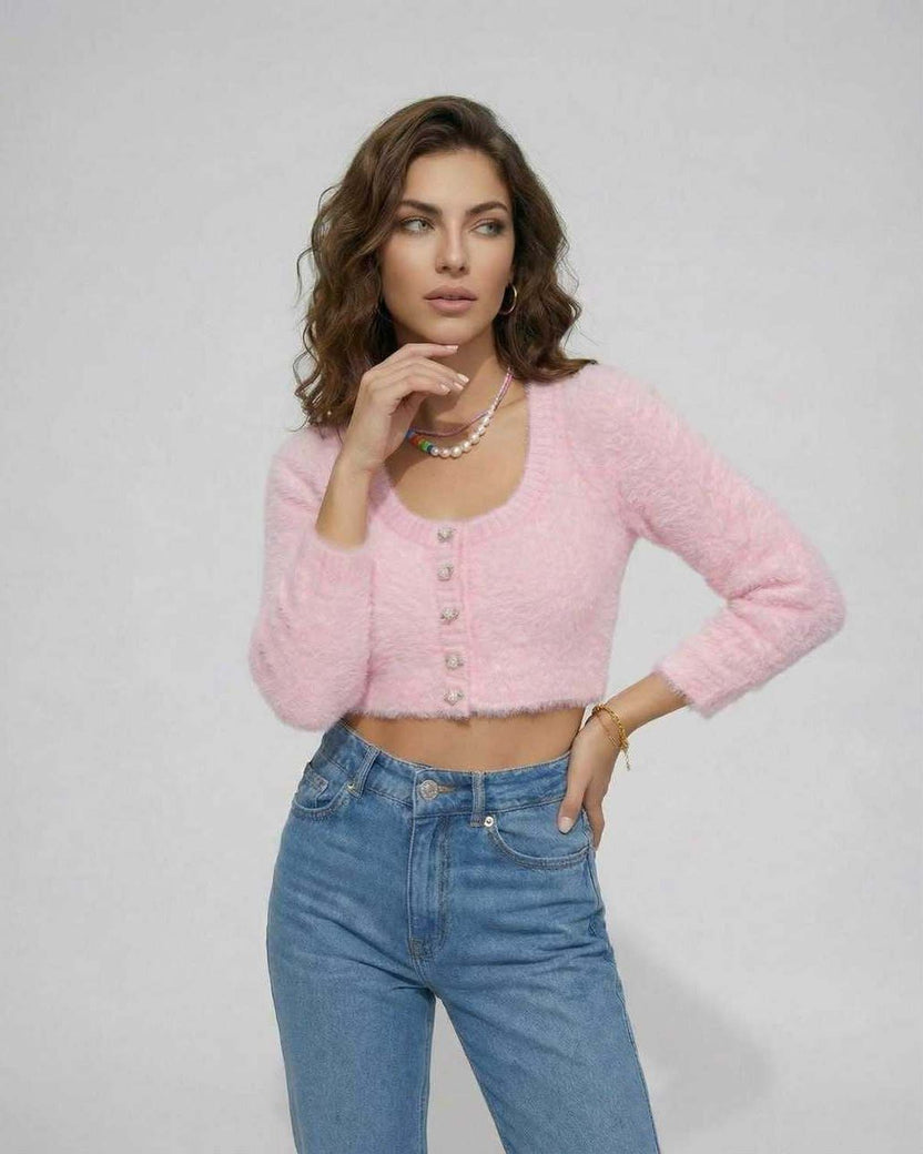 Valencia Cardigan by Lauven – Women's pink cropped cardigan sweater with buttons and long sleeves.