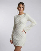 Sienna Mini Dress by Lauven - White long sleeve A-line dress with textured finish and structured drape.