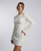 Sienna Mini Dress by Lauven, white long sleeve A-line textured mini dress with a sculpted fit.