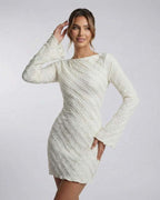 Sienna Mini Dress by Lauven - White textured long sleeve A-line mini dress with a chic silhouette.