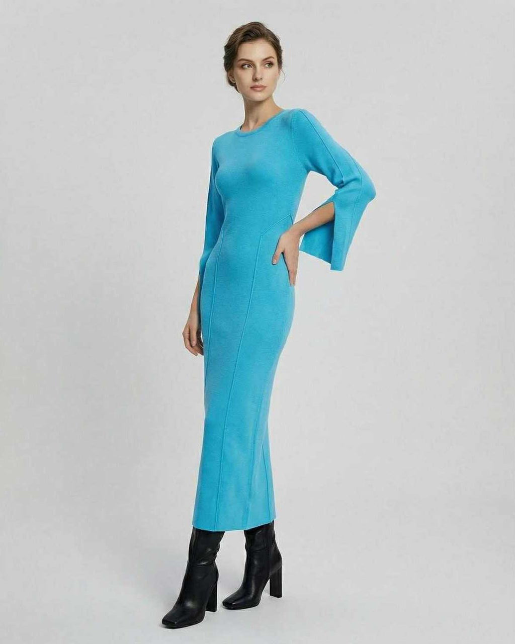 Azurea Midi Dress by Lauven – Women's blue midi dress with long sleeves and slim fit.