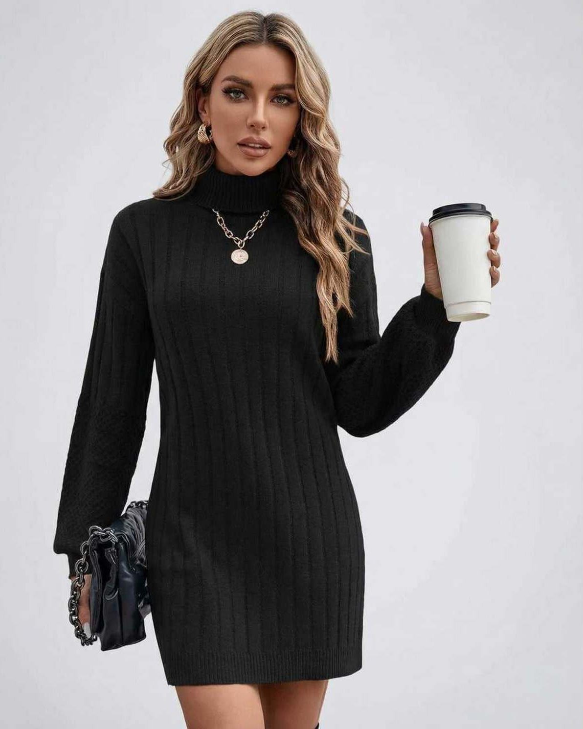 Monaco Sweater Dress - Women’s black turtleneck sweater dress by Lauven, perfect for fall and winter.