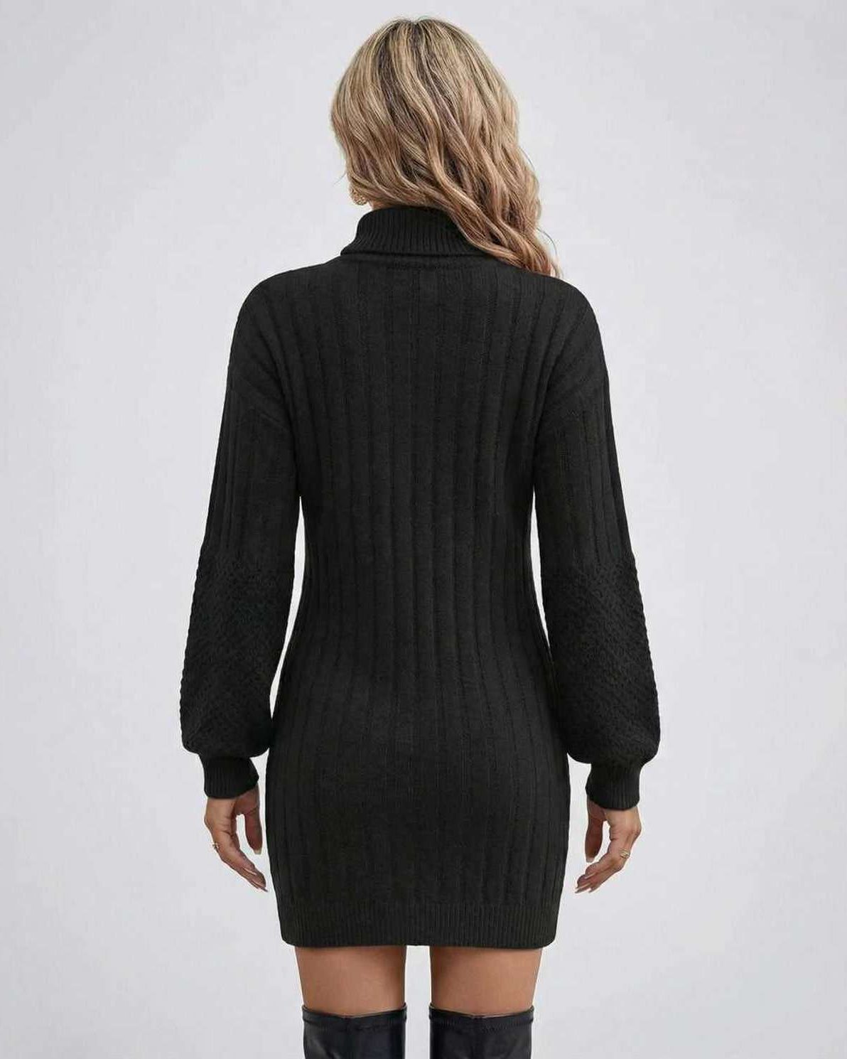 Monaco Sweater Dress by Lauven, women’s black turtleneck sweater dress, back view, ribbed knit design.