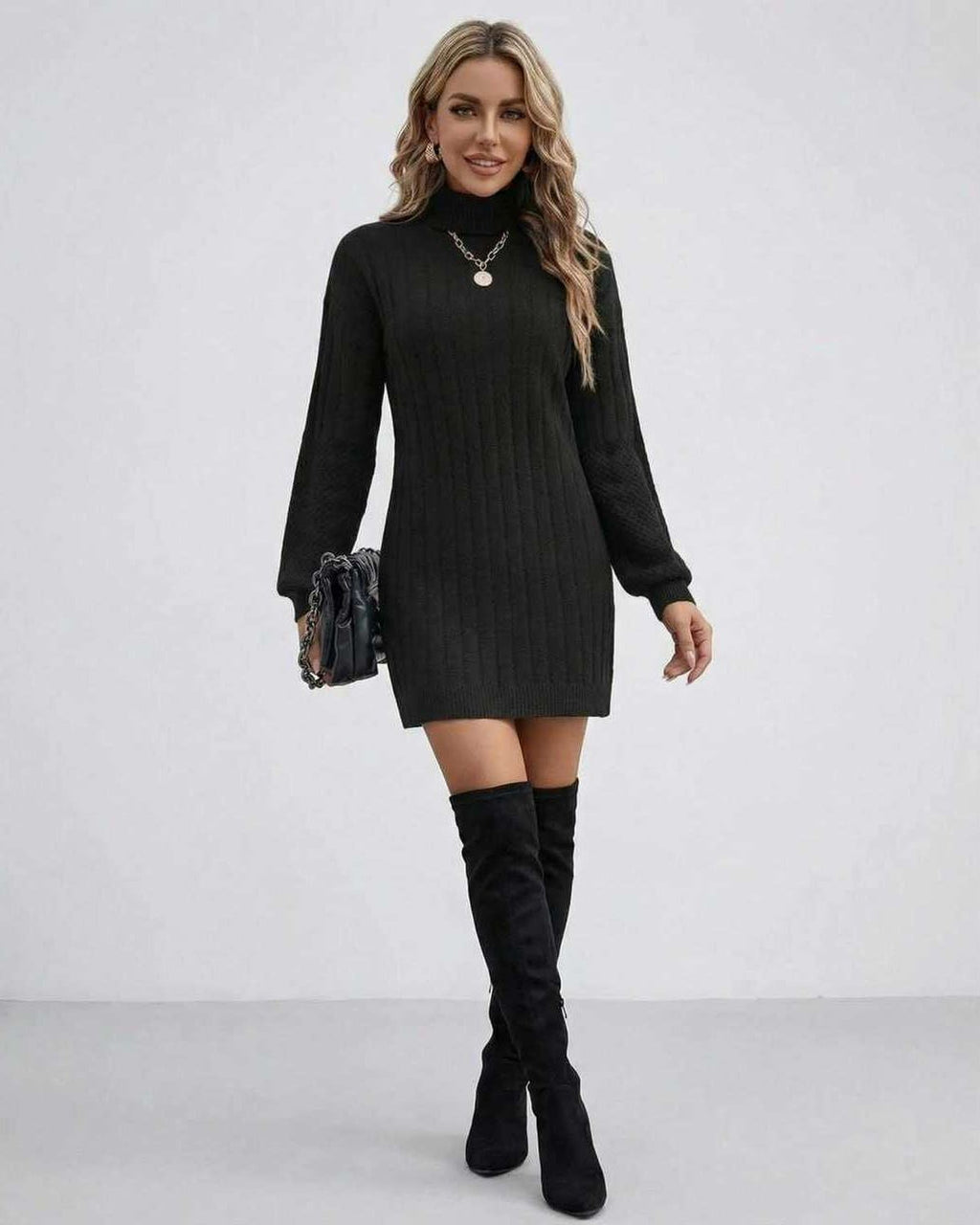 Monaco Sweater Dress by Lauven – Women’s black ribbed turtleneck sweater dress for fall and winter wear.