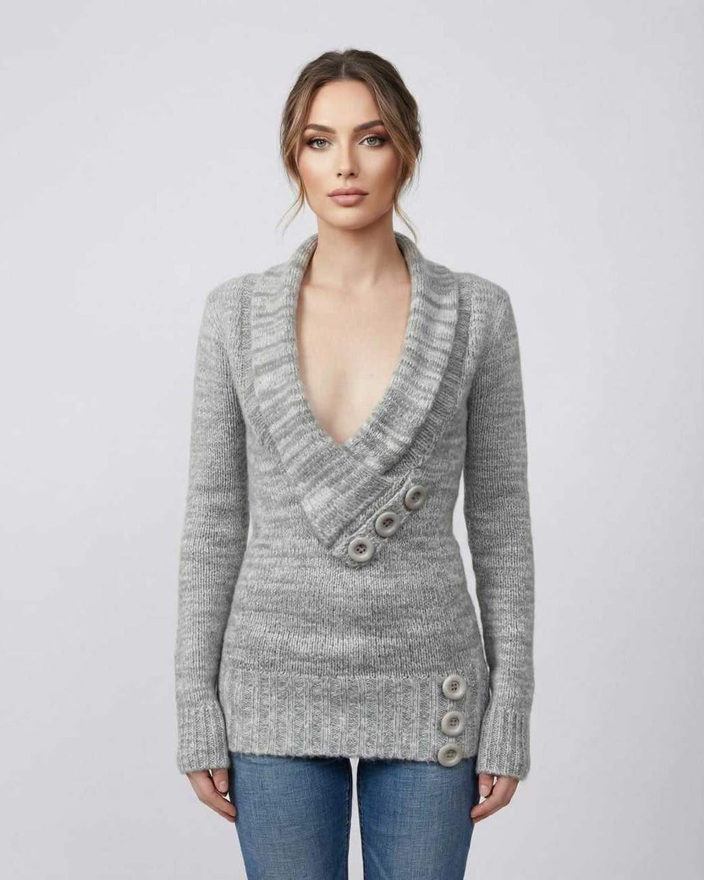 Brielle Sweater by Lauven - Women's Gray V-Neck Sweater with Button Detail, Perfect for Modern Layering