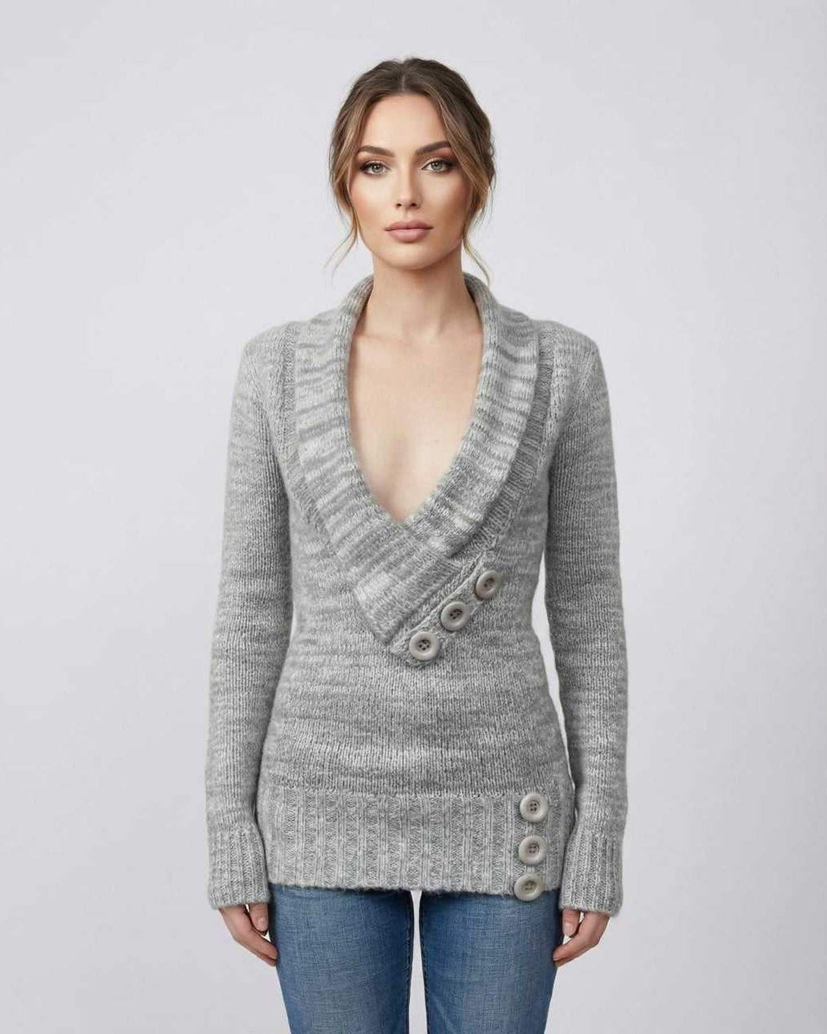 Brielle Sweater by Lauven - Women's Gray V-Neck Sweater with Button Detail, Perfect for Modern Layering
