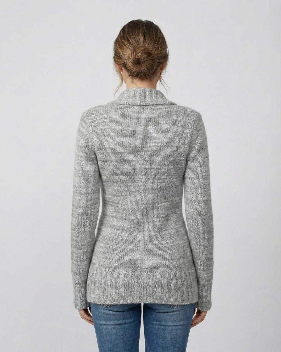 Brielle Sweater by Lauven - Back view of women's gray V-neck sweater featuring button detail.