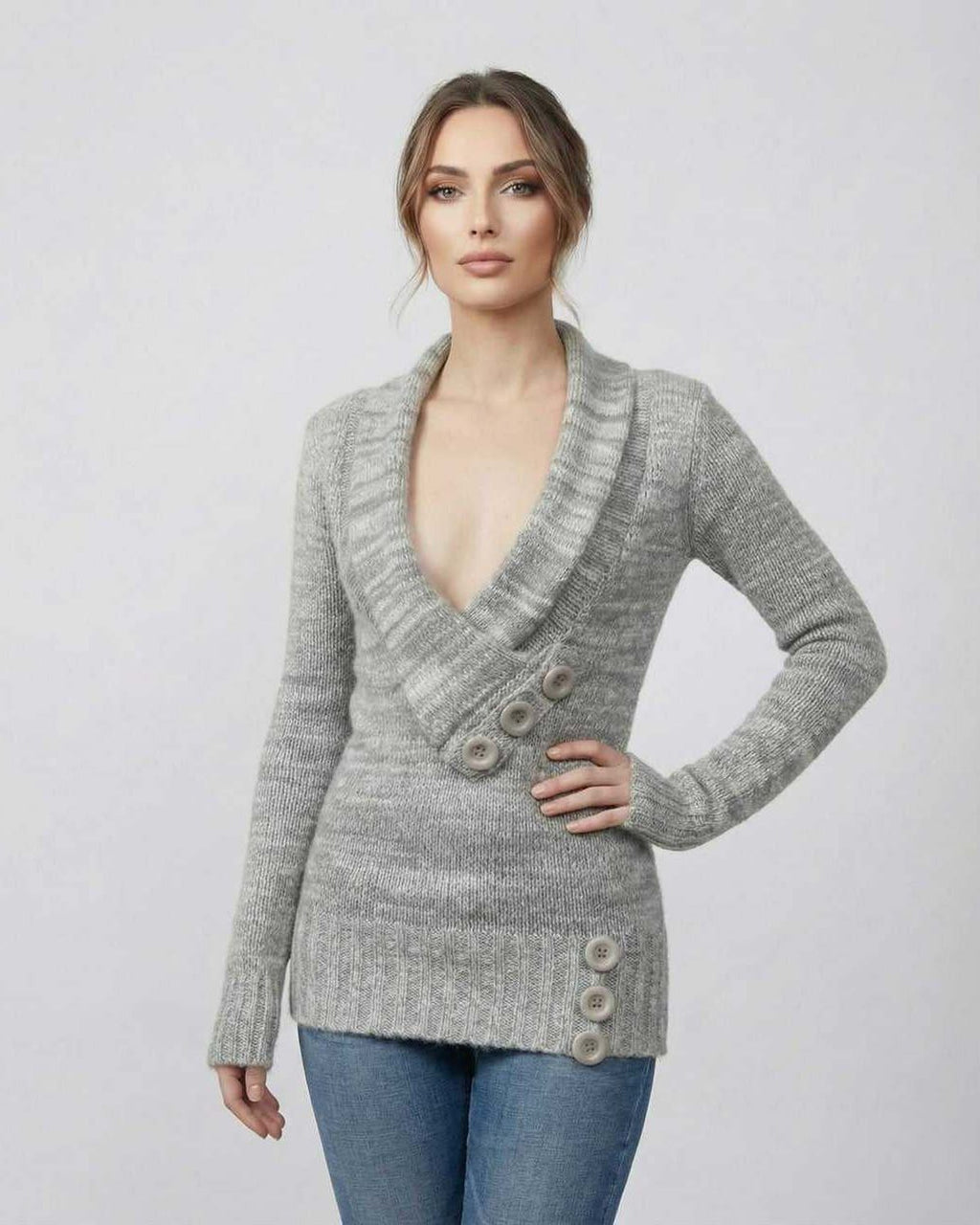 Brielle Sweater by Lauven - Women's gray V-neck sweater with button detail for modern layering.