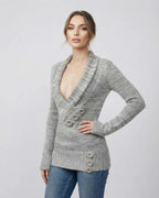 Brielle Sweater by Lauven – Women’s Gray V-Neck Sweater with Button Detail for Elevated Layering