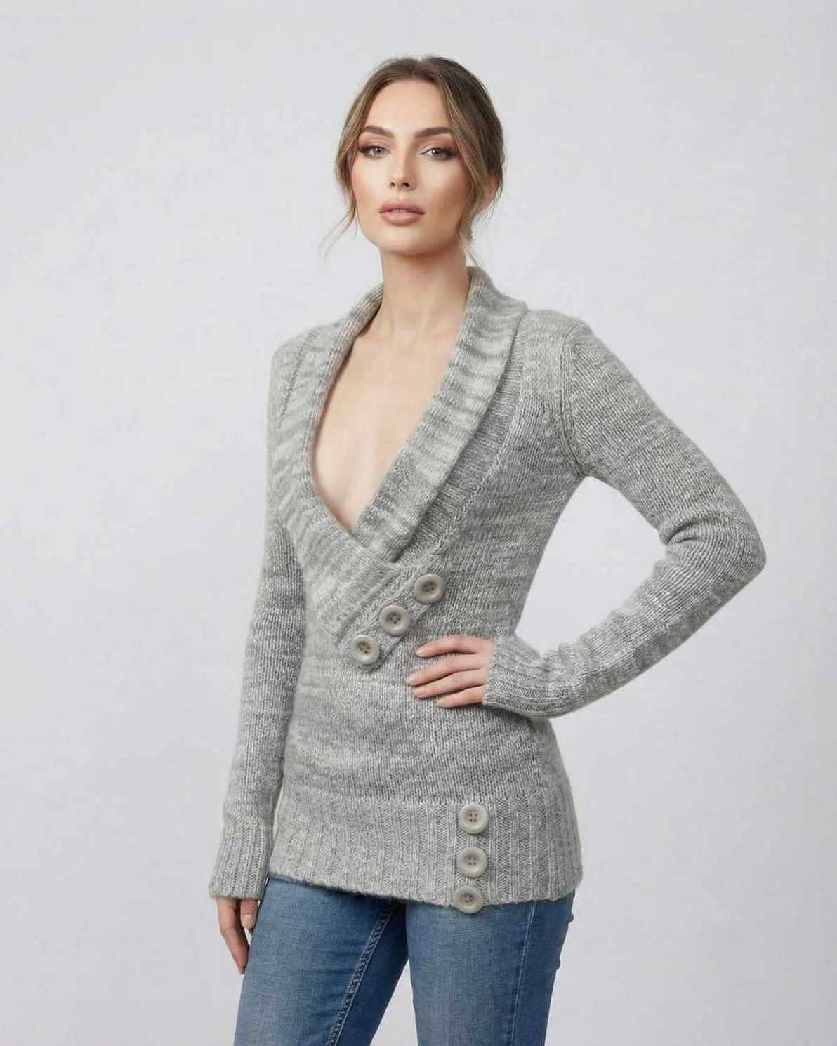 Brielle Sweater by Lauven – Women’s Gray V-Neck Sweater with Button Detail for Elevated Layering