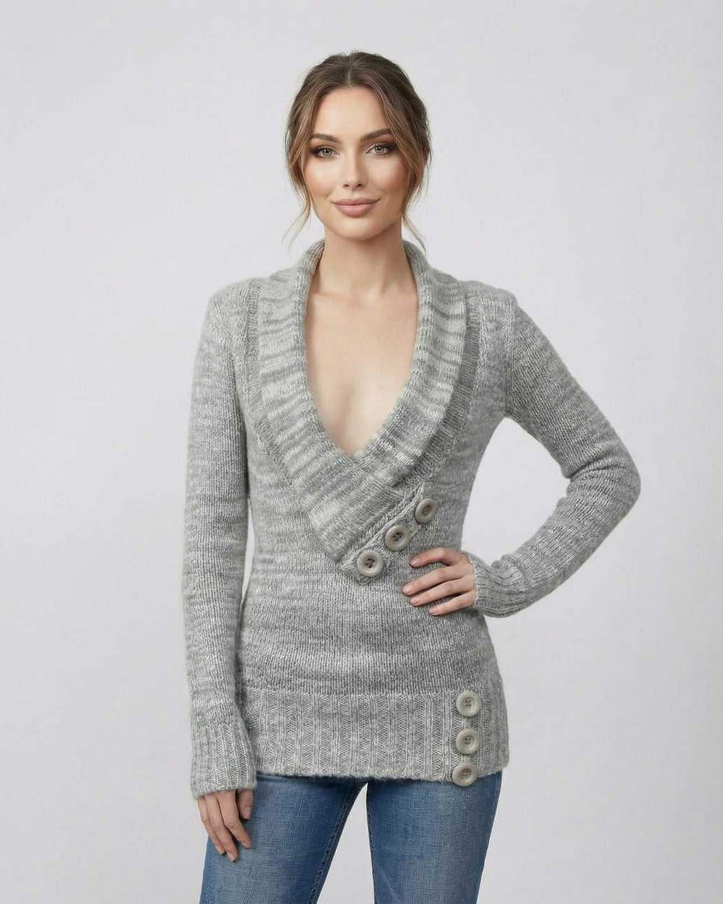 Brielle Sweater by Lauven - Women's gray V-neck sweater with button detail for stylish layering.
