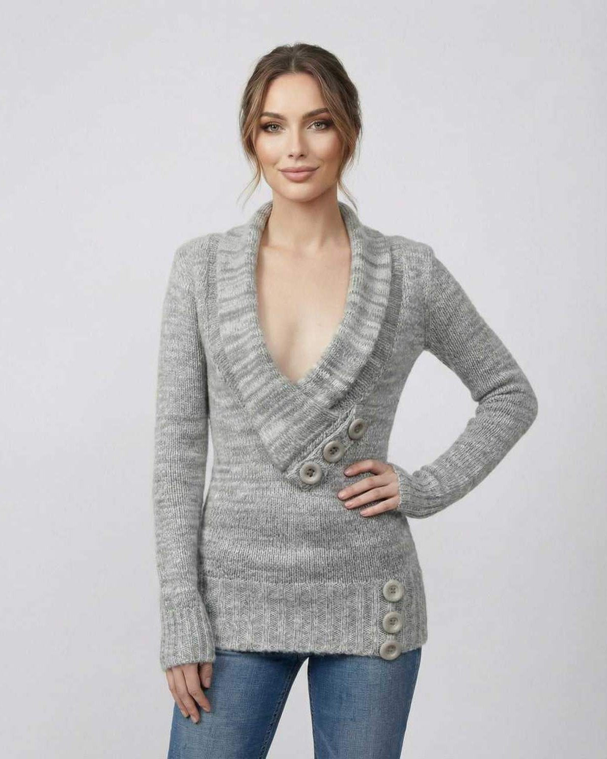 Brielle Sweater by Lauven - Women's gray V-neck sweater with button detail for stylish layering.