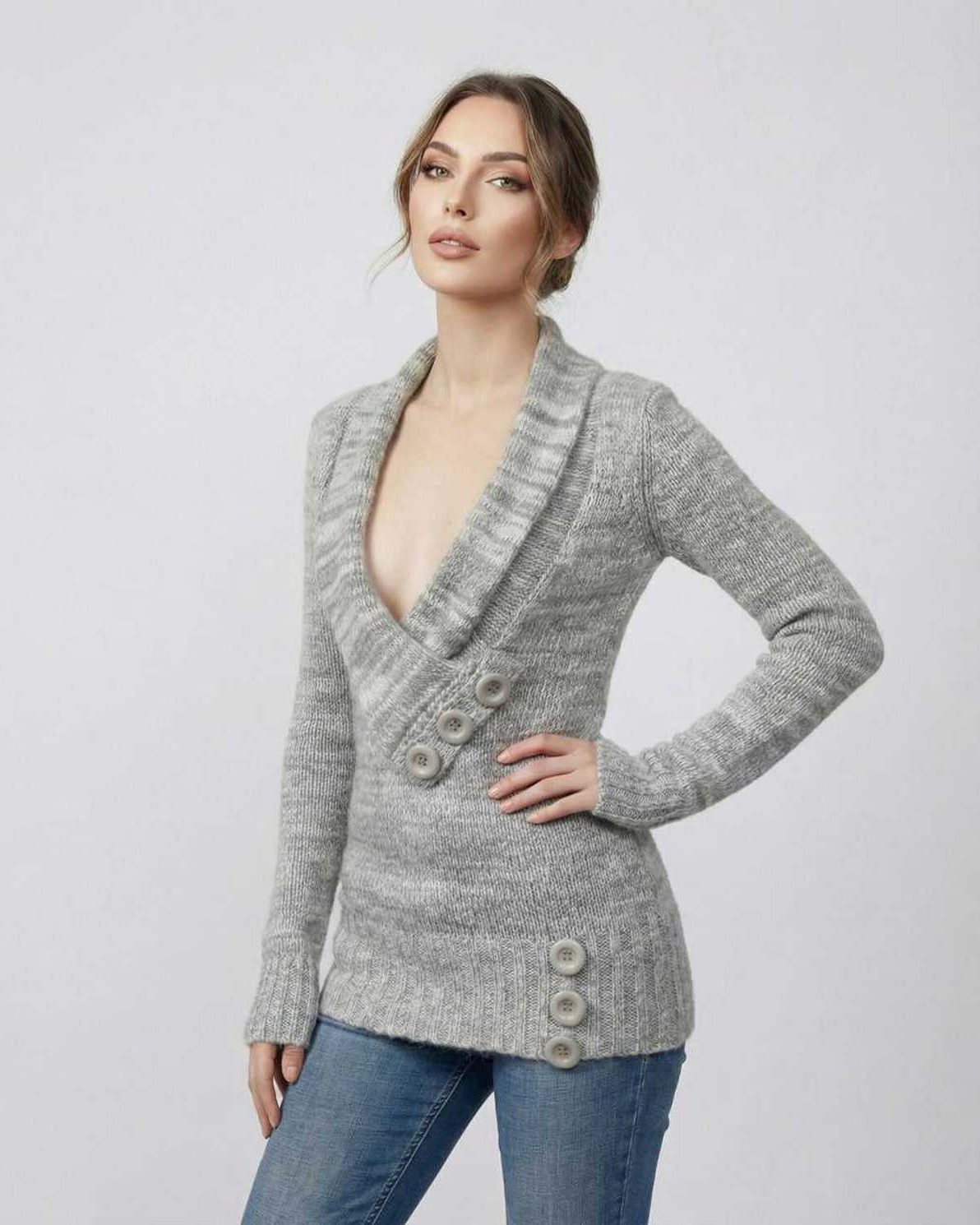 Brielle Sweater by Lauven – Women’s gray V-neck sweater with button detail for modern layering.