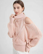 Valencia Sweater by Lauven, women's wool turtleneck sweater with cold shoulder knit detail in soft pink.