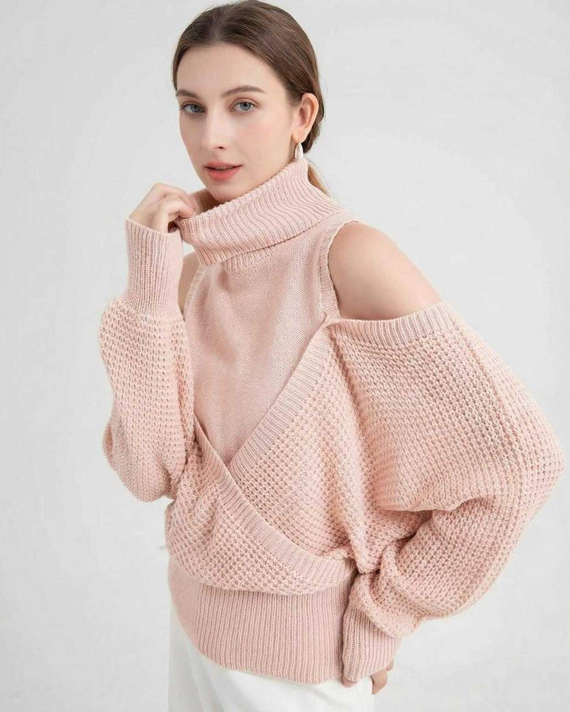 Valencia Sweater by Lauven, women's wool turtleneck sweater with cold shoulder knit detail in soft pink.