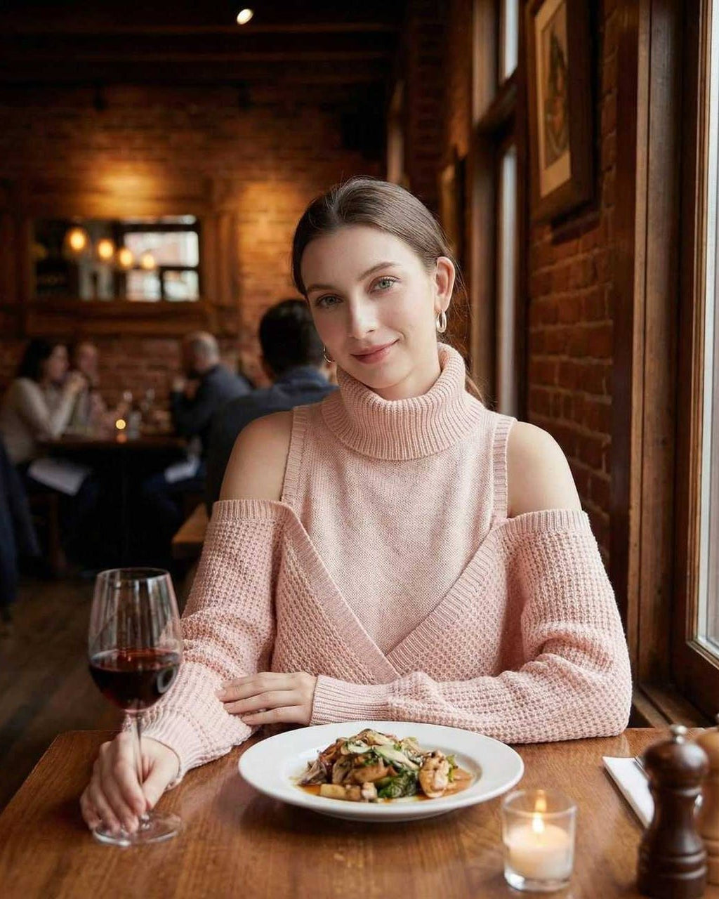 Valencia Sweater worn by a woman in a cozy restaurant, featuring cold shoulder detail and a turtleneck design.