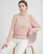 Valencia Sweater by Lauven - Women’s wool turtleneck with cold shoulder detail in soft pink color.
