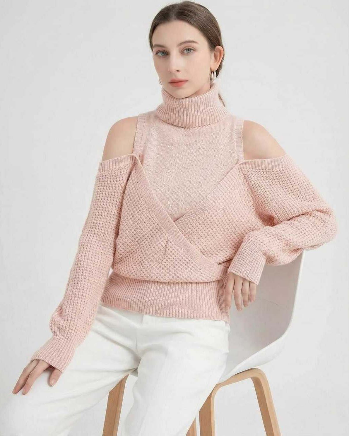 Valencia Sweater by Lauven - Women’s wool turtleneck with cold shoulder detail in soft pink color.