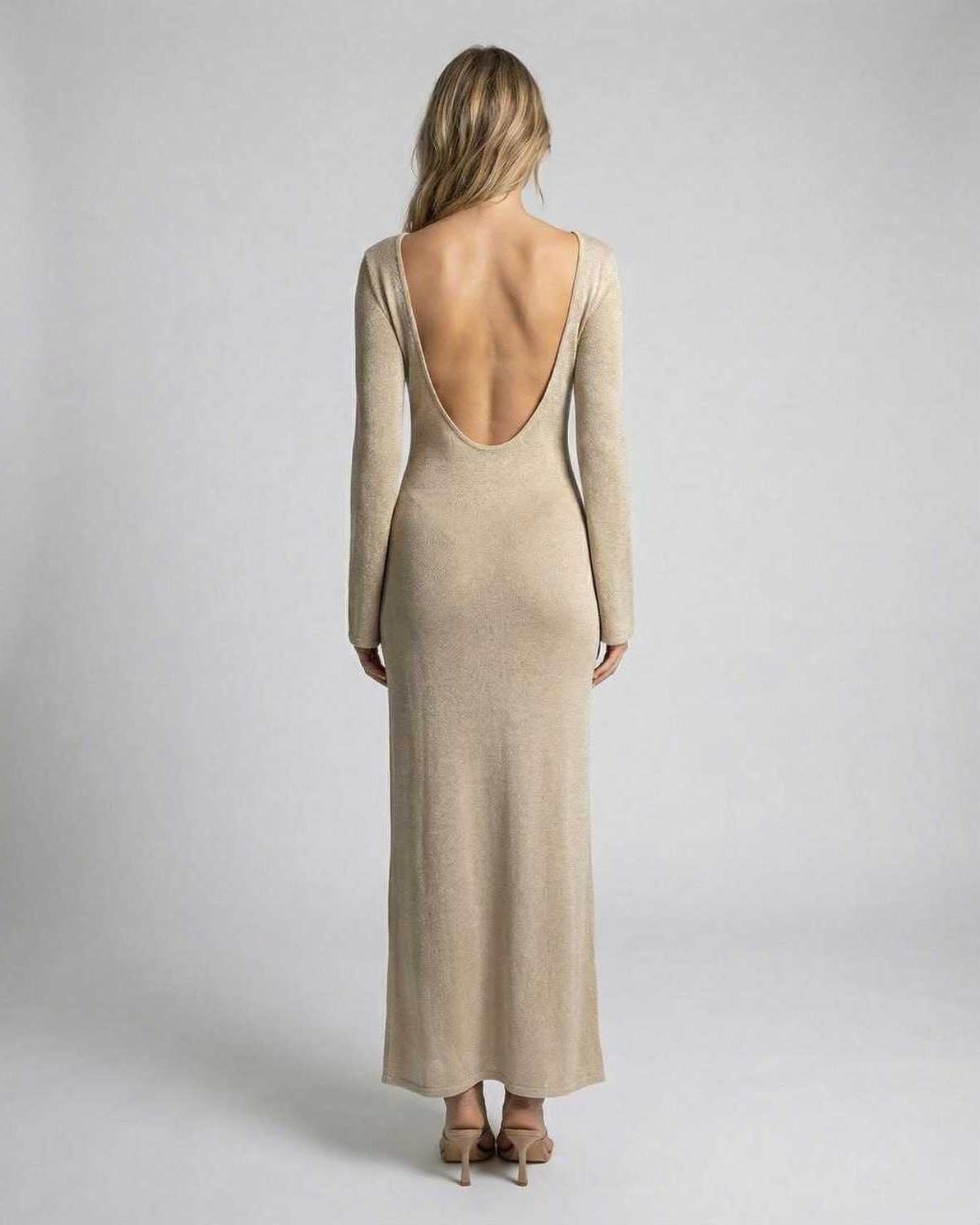 Solea Maxi Dress by Lauven - Long Sleeve Deep V-Neck Bodycon Maxi Dress in neutral tone, showcasing back view.