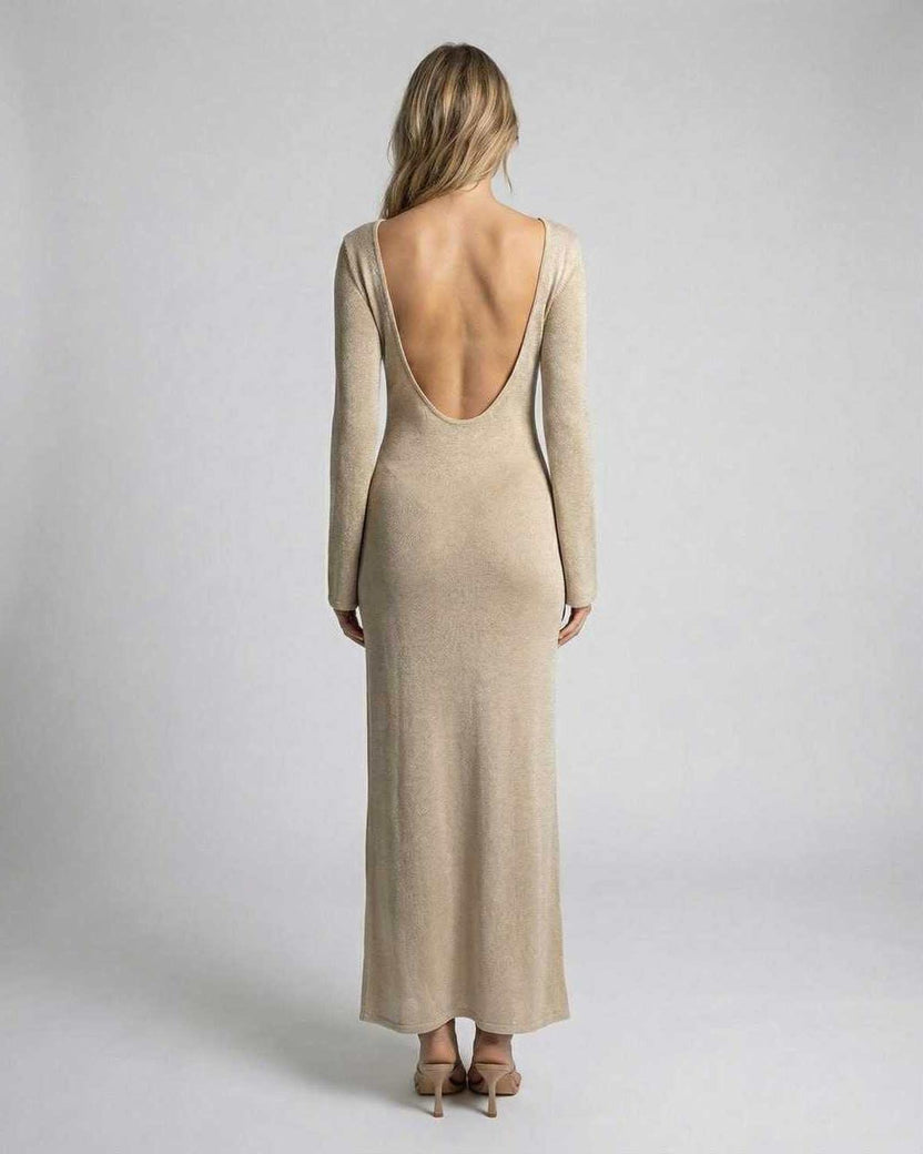 Solea Maxi Dress by Lauven - Long Sleeve Deep V-Neck Bodycon Maxi Dress in neutral tone, showcasing back view.