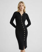 Monaco Midi Dress by Lauven – Women’s black long sleeve ribbed dress with gold button detail.