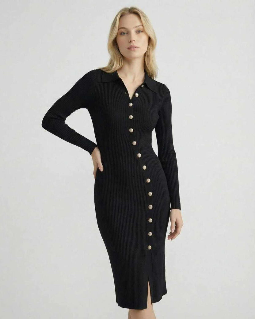 Monaco Midi Dress by Lauven – Women’s black ribbed knit dress with long sleeves and gold button detail.