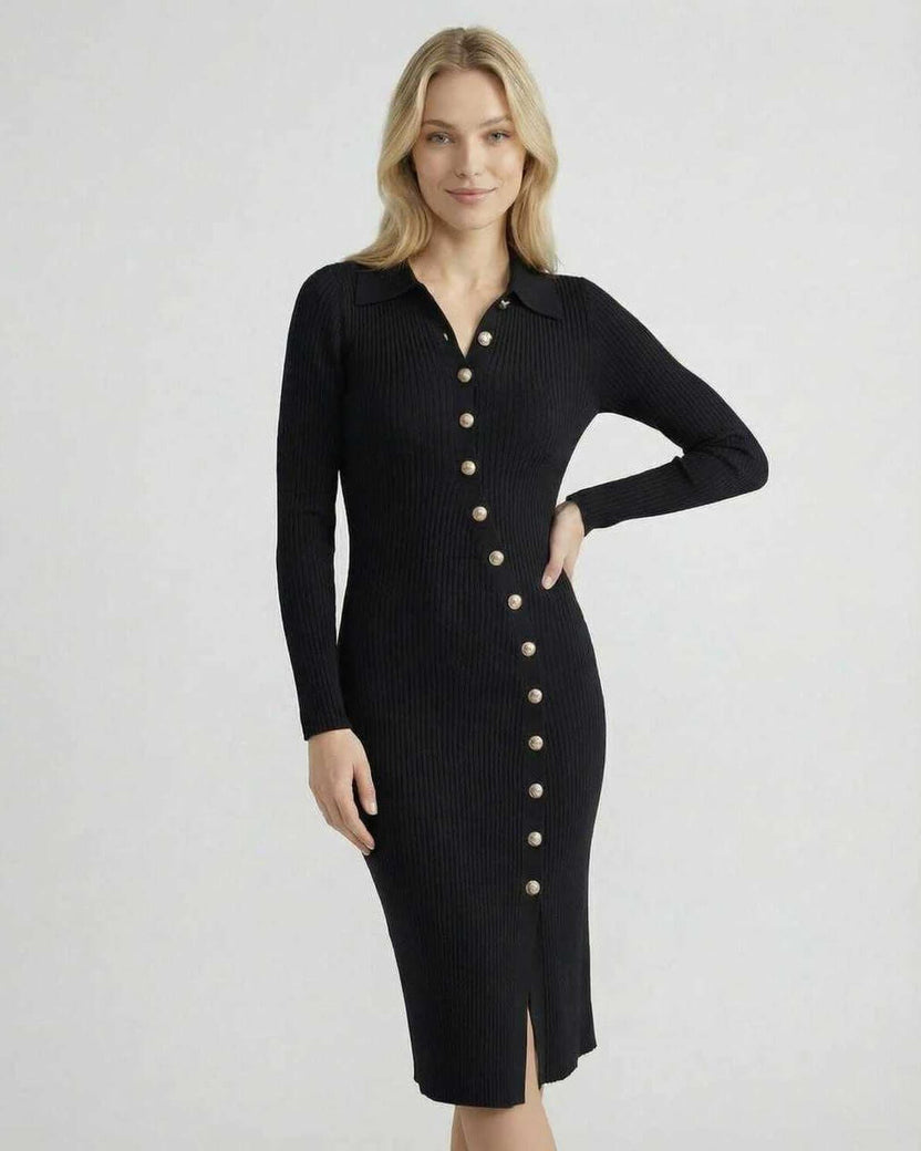 Monaco Midi Dress - Black ribbed knit long sleeve dress with gold buttons by Lauven