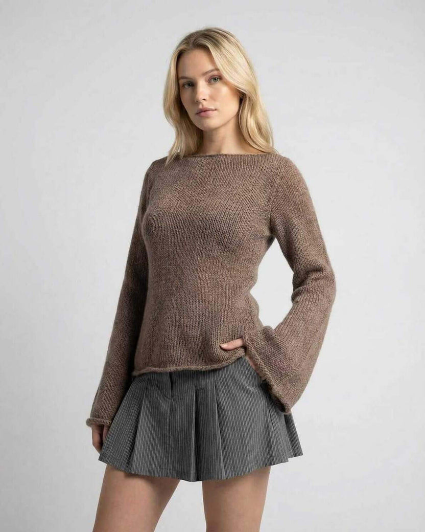 Sienna Sweater by Lauven - Women's brown knit sweater with flare sleeves, perfect for any occasion.