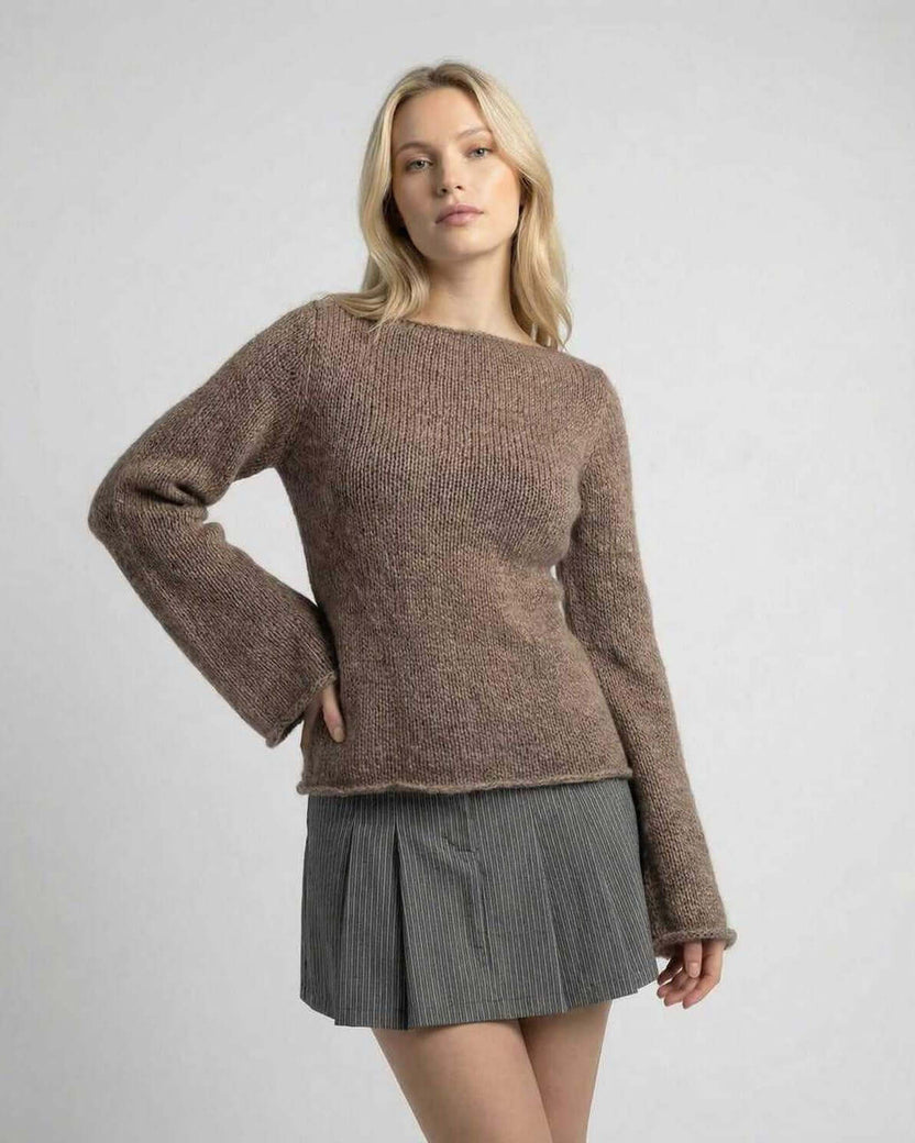 Sienna Sweater by Lauven – Women's brown knit sweater with flare sleeve and round neck.