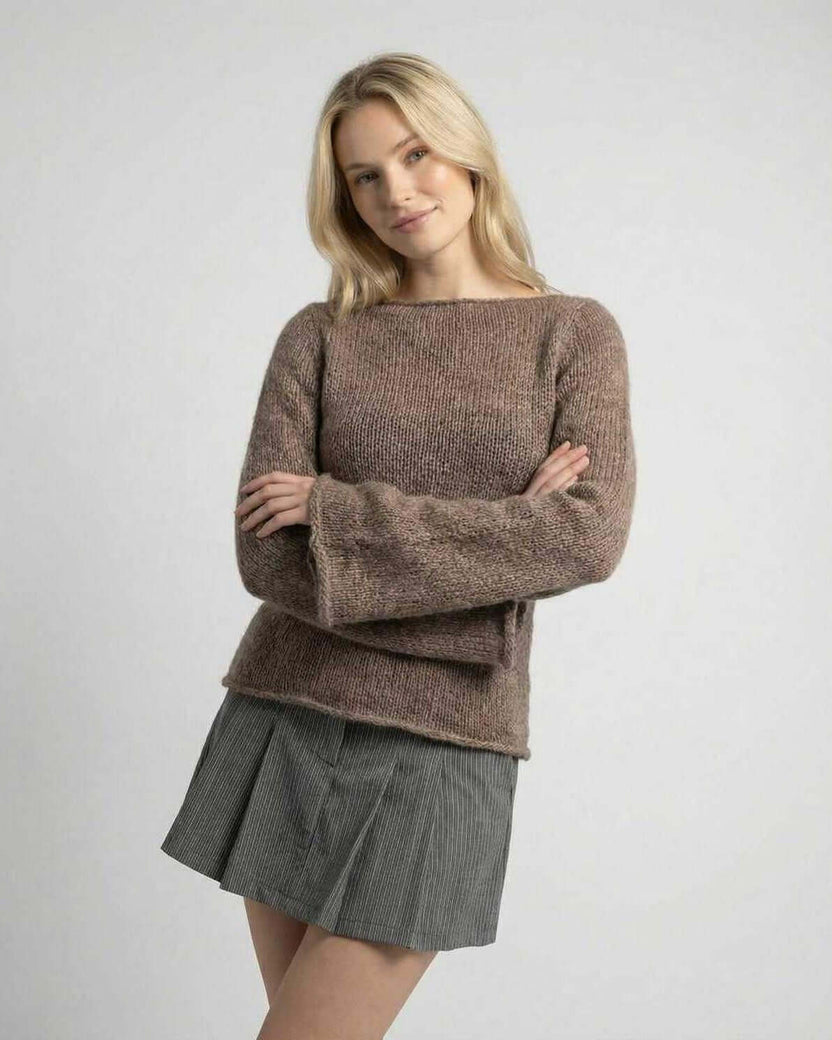 Sienna Sweater by Lauven – Women’s brown knit sweater with flare sleeve, round neck and flattering fit.