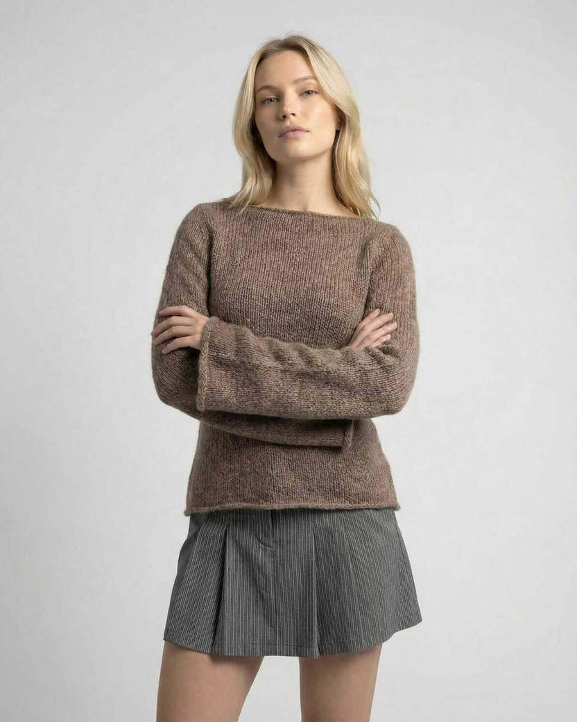 Sienna Sweater by Lauven – Women's brown knit sweater with flare sleeves and round neck.