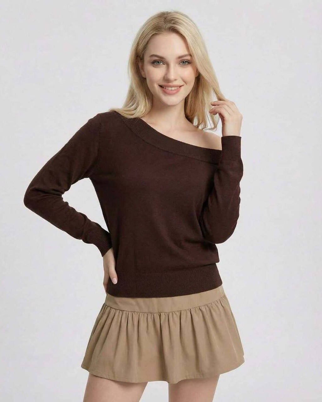 Verona Pullover by Lauven – Women's brown off shoulder pullover sweater in slim fit with stylish neckline.