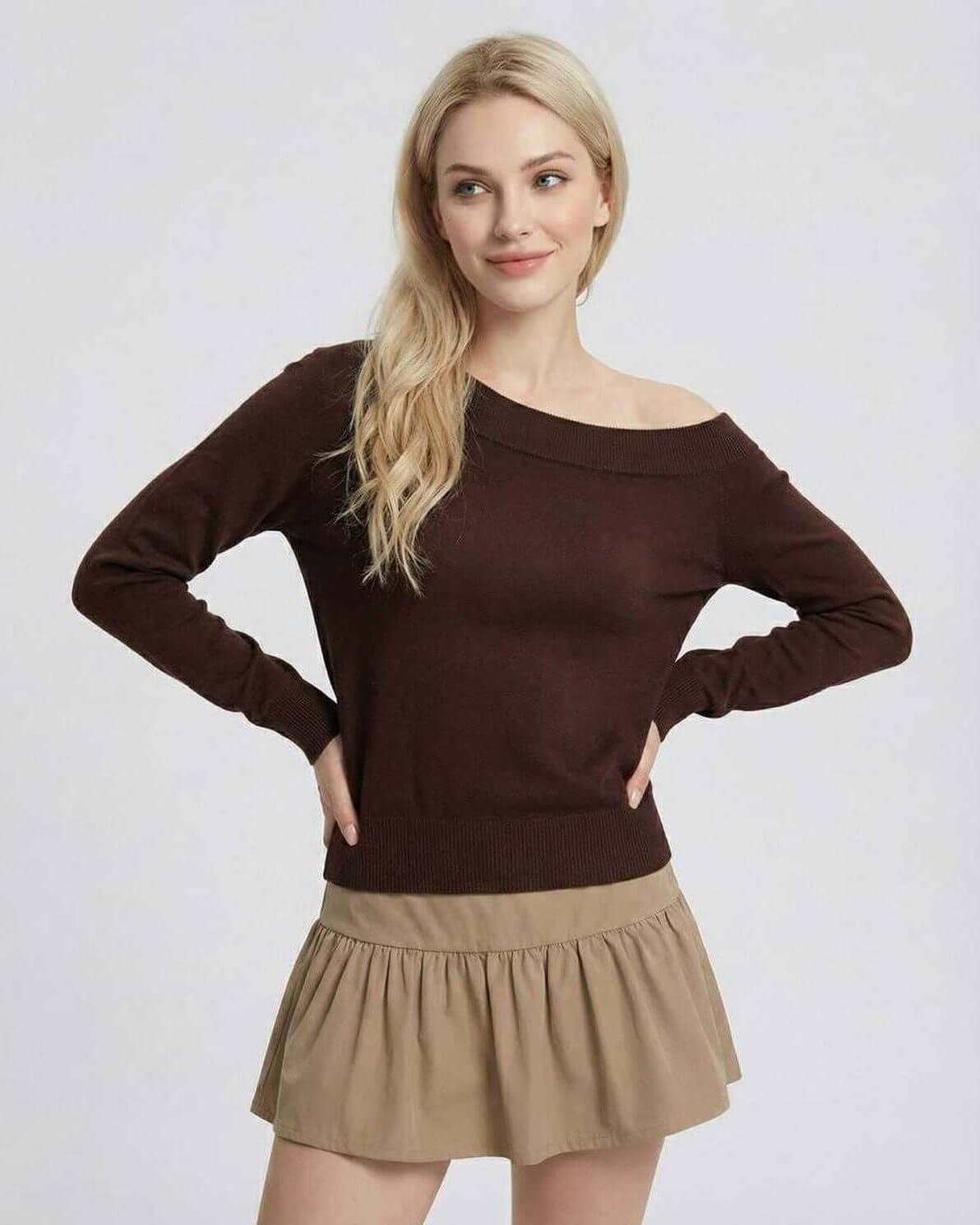 Verona Pullover by Lauven – Women’s brown off shoulder pullover sweater with a slim fit and soft knit texture.