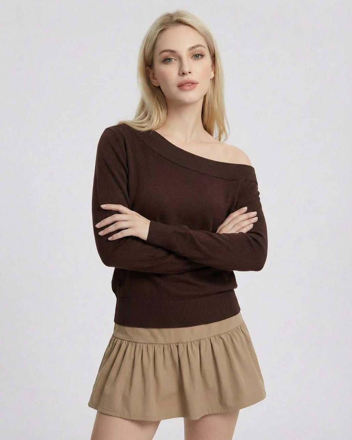 Verona Pullover by Lauven - Women's brown off shoulder sweater with a slim fit silhouette.