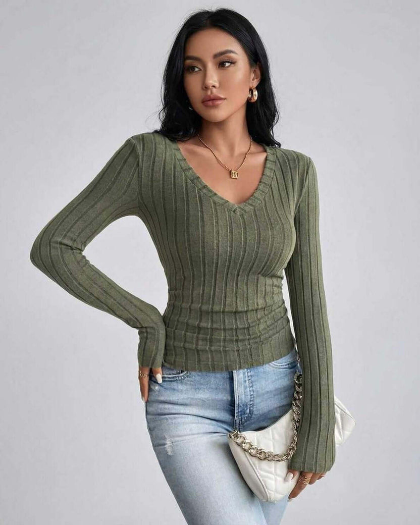 Sahara Sweater by Lauven – Women’s green V neck ribbed knit sweater with a slim fit and stylish design.