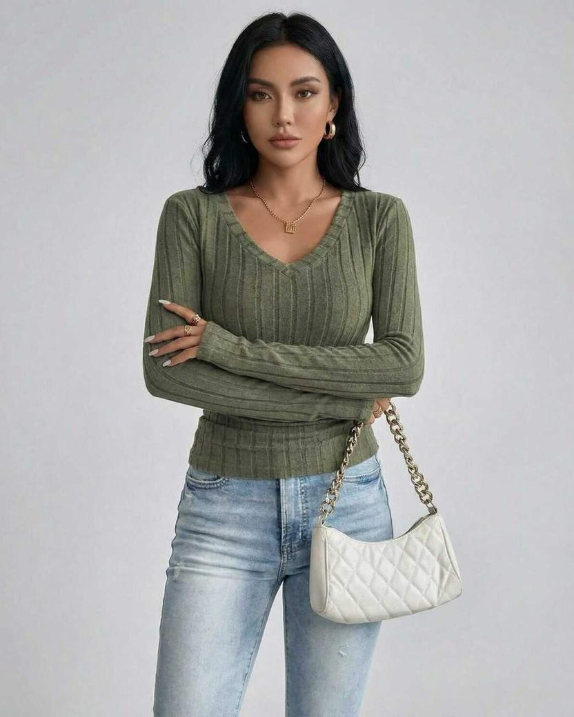 Sahara Sweater by Lauven – Women's green V neck ribbed knit sweater with slim fit.