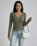 Sahara Sweater by Lauven - Women's green V neck sweater with ribbed knit and slim fit.