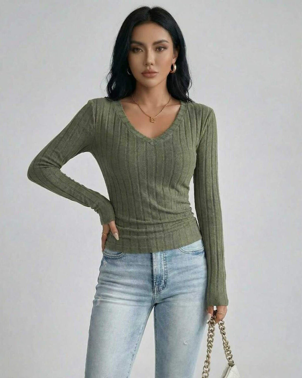 Sahara Sweater - Lauven Women's Green V Neck Sweater with Ribbed Knit & Slim Fit