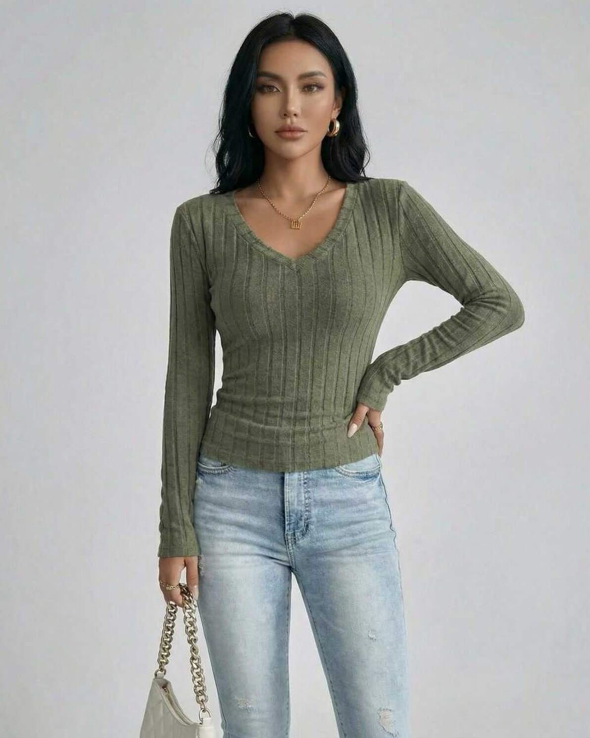 Sahara Sweater by Lauven – Women's green V neck sweater with ribbed knit and slim fit.