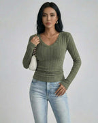 Sahara Sweater by Lauven – Women’s green V neck sweater with ribbed knit and slim fit.