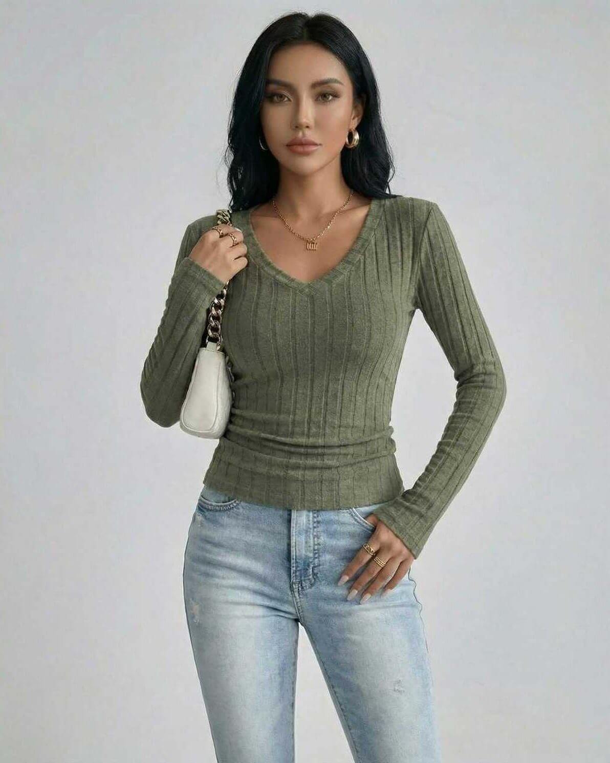 Sahara Sweater by Lauven – Women’s green V neck sweater with ribbed knit and slim fit.