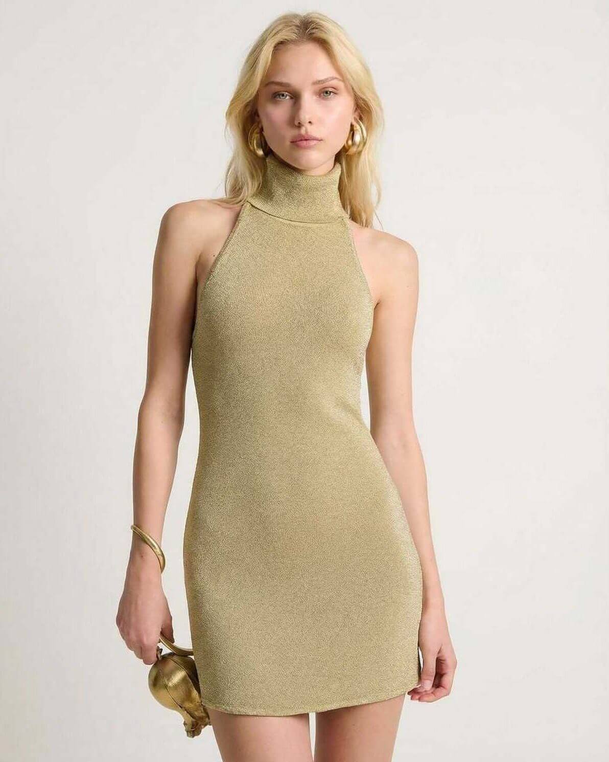 Soleil Mini Dress by Lauven in olive green, bodycon design with turtleneck halter showcasing modern elegance.