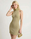 Soleil Mini Dress by Lauven in olive green, bodycon style with turtleneck halter design, showcasing modern elegance.