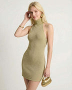 Soleil Mini Dress by Lauven in olive green, bodycon style with turtleneck halter design, showcasing modern elegance.