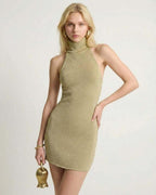 Soleil Mini Dress by Lauven, olive green bodycon halter dress with turtleneck, showcasing modern elegance and sleek silhouette.