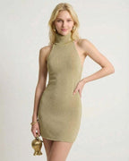 Soleil Mini Dress by Lauven – Olive Green Bodycon Dress with Turtleneck Halter Design