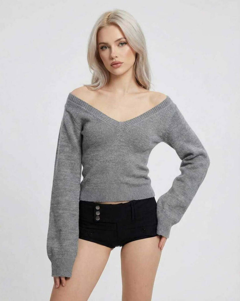 Sienna Sweater by Lauven - Women's gray V-neck slim fit long sleeve knit sweater