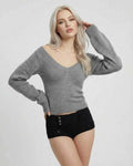 Sienna Sweater by Lauven – Women's V-Neck Slim Fit Knit Sweater in grey with long sleeves and stylish design.